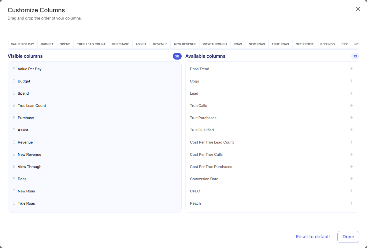 The Customize Columns window with the Visible columns list on the left and the Available columns list on the right