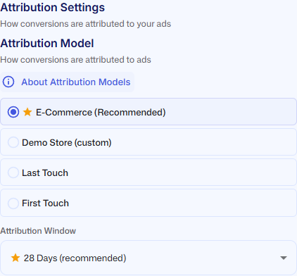 The Attribution Settings section with the Attribution Model choices and the Attribution Window dropdown set to 28 Days (recommended)