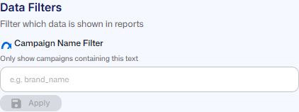 The Data Filters section with the Meta Campaign Name Filter box and the Apply button
