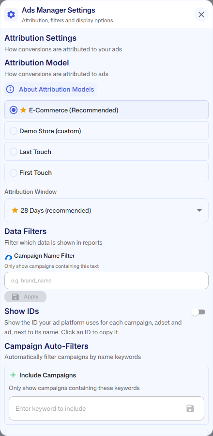 The Ads Manager Settings panel with Attribution Settings, Data Filters, Show IDs and Campaign Auto-Filters