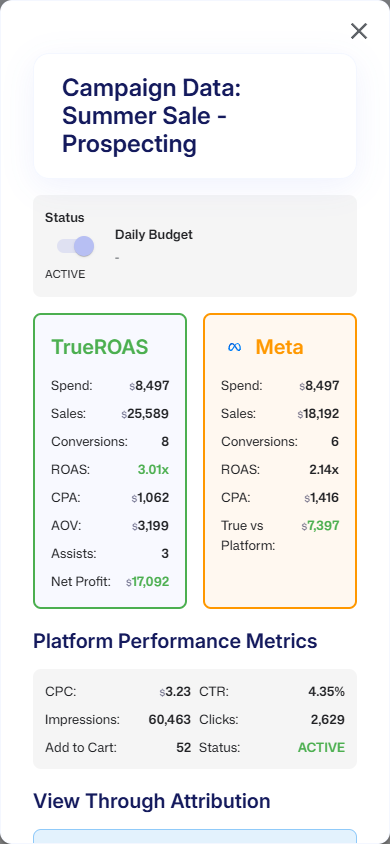 The Campaign Data window on a phone with the status switch, the daily budget, a TrueROAS block and a Meta block side by side, and Platform Performance Metrics below