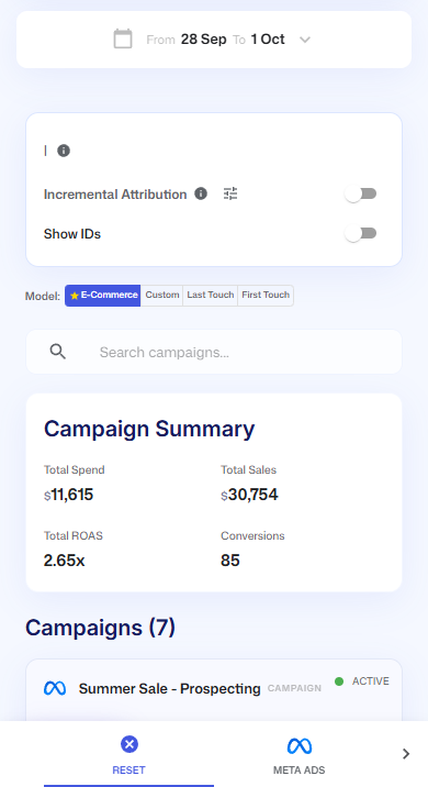The Ads Manager on a phone with the date range button, the settings card, the Model buttons, the search box, the Campaign Summary card and the platform bar at the bottom