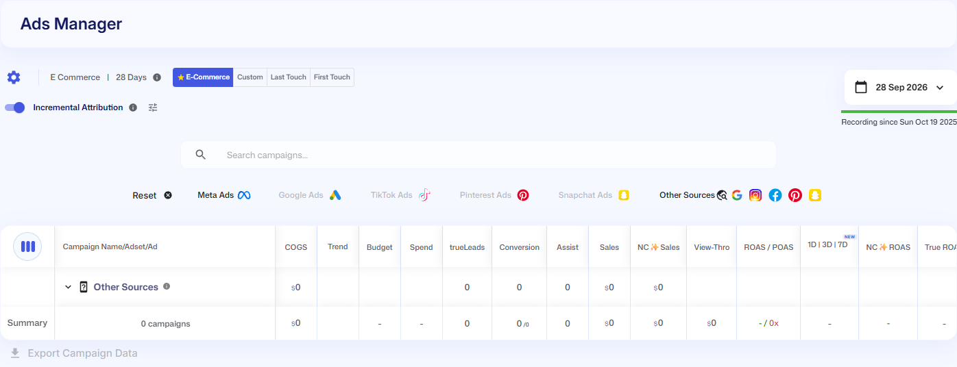 The Ads Manager page with the settings toolbar, the date range button, the search box, the platform buttons and the campaign table