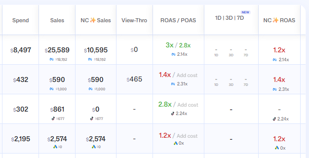 Four campaign rows where the ROAS is green, red, green and red, with a smaller figure and an ad platform logo under Sales, NC Sales, ROAS and NC ROAS