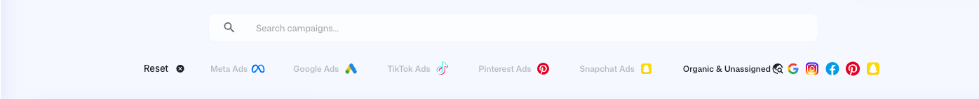 The Search campaigns box above the platform buttons Reset, Meta Ads, Google Ads, TikTok Ads, Pinterest Ads, Snapchat Ads and Organic & Unassigned