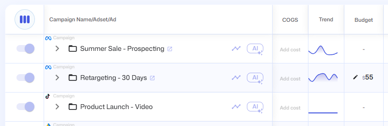 Three campaign rows, each with a switch at the start of the row, and a Budget column where the second campaign shows a pencil icon next to its daily budget